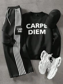 Manfinity EMRG 男士撞色字母印花套头衫和侧条纹抽绳腰裤套装，秋季服装 - 黑色 - 查看 1