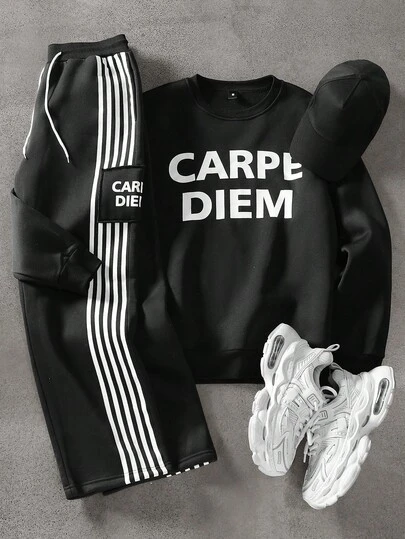 Manfinity EMRG 男士撞色字母印花套头衫和侧条纹抽绳腰裤套装，秋季服装