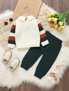 2pcs Baby & Toddler Sweater Set | Peter Pan Collar + "I Love Dad" Jacquard + Casual Pants, Stylish 2 Pieces Outfit Dad Baby Clothes Baby Boy Sweater Set Daddys Boy Clothes Dad Baby Matching Outfits Baby Boy Casual Set I Love Dad Baby Clothes Fall Winter