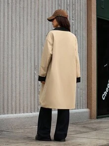 Teen GirlCasual All-Match Versatile School/Commute Street Style Contrast Color Lapel Mid-Length Padded Coat, Autumn/Winter Fall - Khaki - View 2
