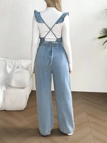 孕妇宽松拼接荷叶边下摆休闲牛仔背带连体裤 - 淺色水洗藍 - 查看 3