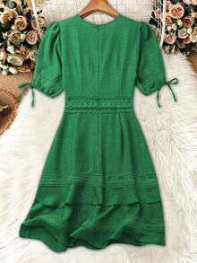 Breezaya Váy ngắn tay bồng cổ chữ V ren trơn màu thanh lịch cho nữ, mùa hè - màu xanh lá - Xem 2