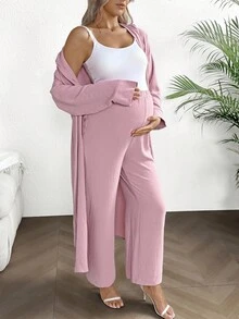 SHEIN 2pcs Maternity Set: Solid Color Long Sleeve Button-Down Shirt And Adjustable Waist Pants, Comfortable & Loose Fit - Pink - View 5
