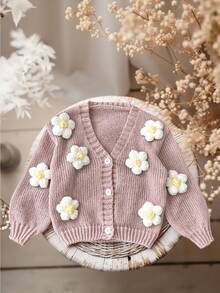 SHEIN Young Girl Cute Floral  /Flowers 3D Knit Long Sleeve Cardigan, Autumn Winter, Daisy Cardigan Kids, Pink,Mom And Daughter & Sisters  Matching. Pink Cardigan With Flowers Fall - Pink - View 11