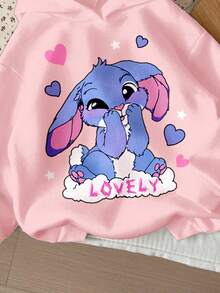 SHEIN Leap Crew Tween Girl Cream Pink, Cute Funny Cartoon Heart Blue Rabbit Stitch Pattern, Casual Loose Fit Round Neck Soft Thick Long Sleeve Sweatshirt, Suitable For Autumn/Winter, Autumn, Easy Comfort, Autumn Layers, Stylish, Casual Wear, Graphic Sweatshirt, Back To School, Homecoming, Chill Chill - Pink - View 3