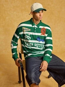 HARRY POTTER X SHEIN Men's Casual Striped Letter Graphic Polo Shirt, Autumn - Green - View 4