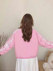 SHEIN 女童时尚甜美丝带和蝴蝶结拉链夹克，适合春秋季节 - 粉色 - 查看 2