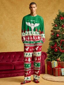 HARRY POTTER X SHEIN Men's Christmas Cartoon Owl Print Long Sleeve Top And Pants Loungewear Set, Spring/Autumn, Fall Winter Clothes - Green - View 3