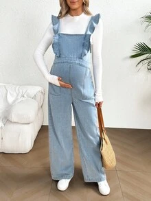 孕妇宽松拼接荷叶边下摆休闲牛仔背带连体裤 - 淺色水洗藍 - 查看 1