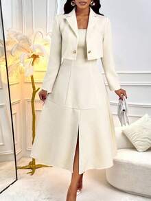 SHEIN Lady 2件套女士西装外套和开衩褶皱紧身吊带连衣裙 - 白色 - 查看 5