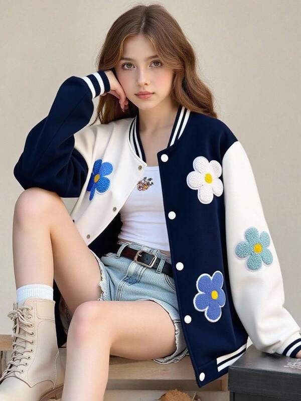 SHEIN Girls' Casual Colorful 3D Floral Contrast Color Baseball Jacket, Spring/Autumn Fall Winter