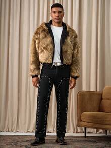 Manfinity Homme Spring/Summer Casual Street Style Black Straight Leg Studded Knee Jeans Boyfriend & Husband Washed For Straight Leg Halloween All Saints' Day - Black - View 3