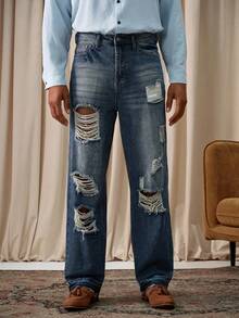 Manfinity Homme Blugi bărbătești albaștri, cu croială largă, stil streetwear, stil cowboy western, stil vintage, spălați, pentru ieșiri cu picior drept