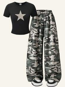 Tween Girls' Casual Fashion Street Style Star Print Short Sleeve T-Shirt And Camo Print Flap Pocket Wide Leg Pants Set, Summer - Multicolor - View 3