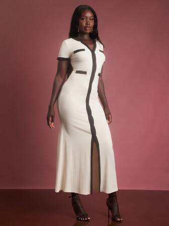 NYA SZN 连衣裙短袖V领双色荷叶边细节早午餐日常休闲婚礼宾客新娘派对度假海滩弹力针织春夏女装