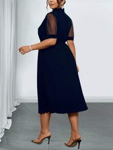 Elenzga 大码女式纯色系带网眼短袖优雅连衣裙 - 藏蓝色 - 查看 6