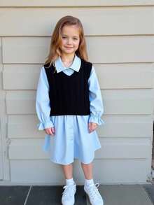 SHEIN Cute Knitted Vest & A-Line Dress 2-Piece Set For Young Girl, Stylish