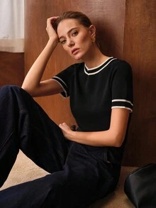 MOTF PREMIUM CONTRAST TRIM SHORT SLEEVE KNIT TOP - Black - View 7