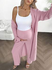 SHEIN 2pcs Maternity Set: Solid Color Long Sleeve Button-Down Shirt And Adjustable Waist Pants, Comfortable & Loose Fit - Pink - View 7