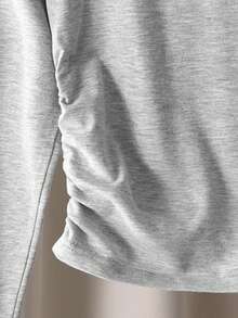 SHEIN Tween Girl 休闲街头风格修身蕾丝花边拼布圆领蝴蝶结刺绣褶饰长袖弹力棉质针织 T 恤，麻灰色