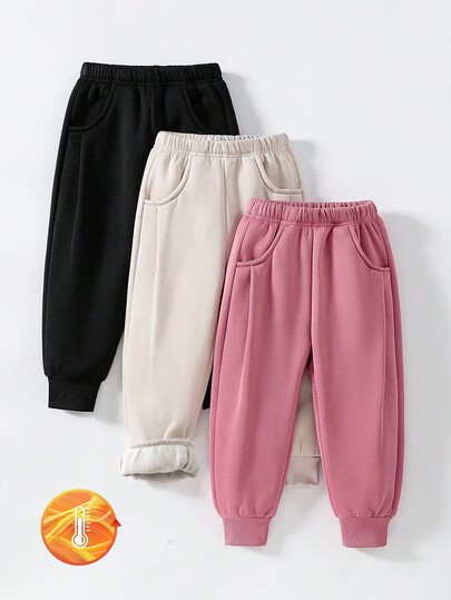 SHEIN Playful Pals Conjunto de 3 peças GraphicGems: calça de moletom lisa, casual e confortável para bebê menina, ideal para outono e inverno.