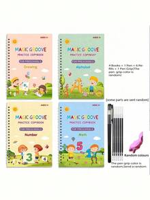 4 Books + 1 Pen + 6 Refills + 1 Pen Grip (Pen Grip Color: Blue, Pink, Red, Yellow, Green, Purple - Random Color) 1 Set Of Reusable Handwriting Practice Workbooks For Children, To Improve Children's Writing Skills Through Comfortable Tracing, Common Words, Grooves, And Magic Practiceeducational Games,Learning To Write,Educational - Multicolor - View 16