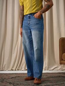 Manfinity Homme Men's Fashion Casual Pocketed Wide Leg Embroidered Jeans Business Casual Minimalist Comfortable Regular Washed Blue For Straight Leg Urban