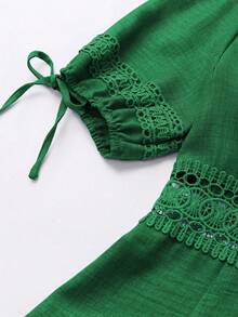 Breezaya Váy ngắn tay bồng cổ chữ V ren trơn màu thanh lịch cho nữ, mùa hè - màu xanh lá - Xem 4