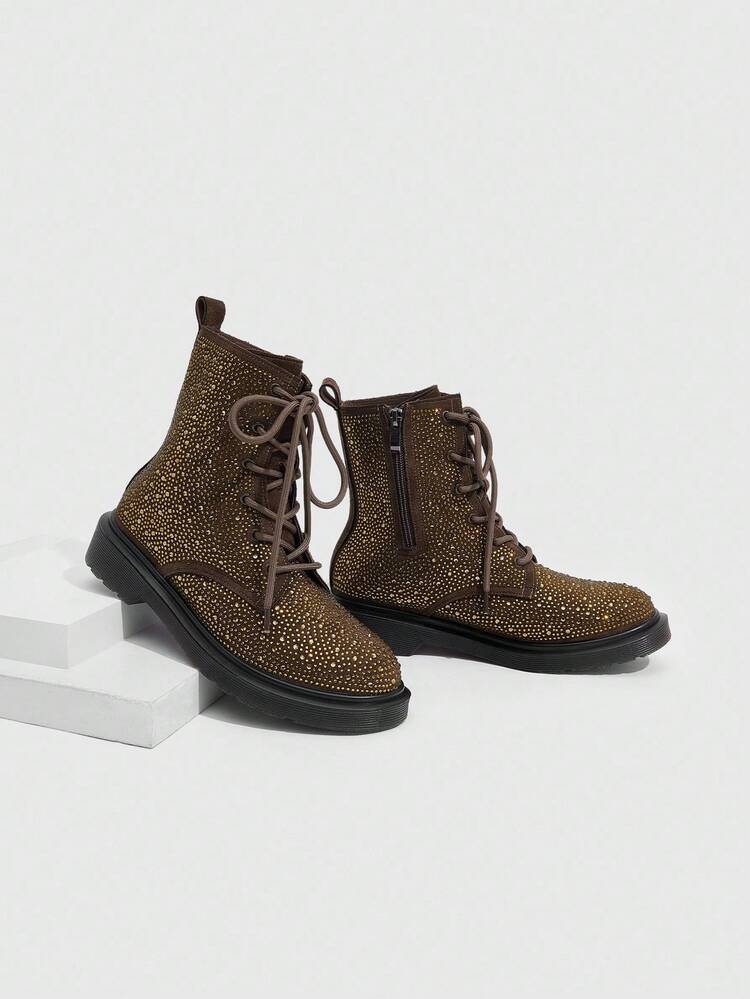 CUCCOO SZL 女性用 ラウンドトゥ 厚底 ファッショナブルなブリティッシュスタイル エメラルドグリーン ラインストーン装飾 高級パーソナライズドブーツ、オートバイアンクルブーツ