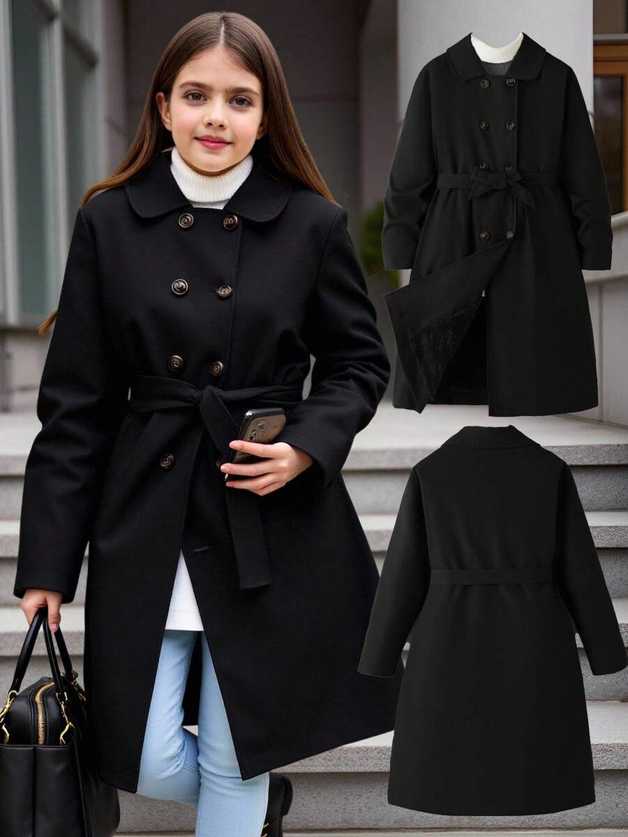 SHEIN Tween Girls Double Breasted Long Sleeve Casual Wind Jacket, Autumn/Winter Fall