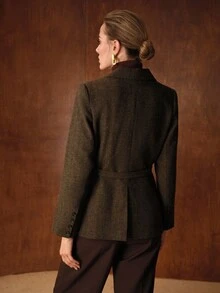 MOTF PREMIUM WOOL LAPEL COLLAR BELTED BLAZER - Khaki - View 5