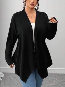 SHEIN CURVE+ Damen Große Größen elegante lässige Strickjacke mit asymmetrischem Saum für Winter, Herbst, Schwarz, für Frauen - Schwarz - Übersicht 3