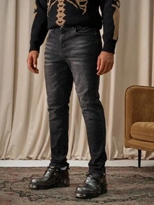 Manfinity Homme Men's Slim Fit Black & Grey Denim Jeans, All Season Unisex Frayed For Slim-Fit Halloween All Saints' Day