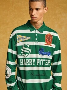 HARRY POTTER X SHEIN Men's Casual Striped Letter Graphic Polo Shirt, Autumn - Green - View 3