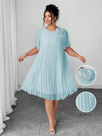 Elenzga 大码女式梭织常规春夏半透明雪纺褶裥莲藕粉色短袖圆领 3D 花卉连衣裙