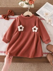 SHEIN Baby Girls' Rust Brown Knitted Floral Dress,Long Sleeve Button Decor Autumn Cute Modest Little Dress,Matching Family Winter Fall Flower Girl Dress - Brown - View 3