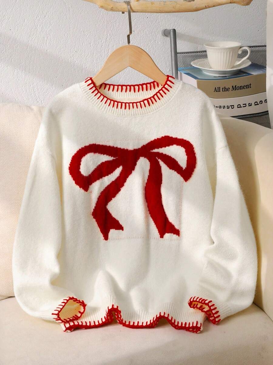 SHEIN Tween Girl Loose Casual Minimalist Comfortable Round Neck Long Sleeve Butterfly Pattern Sweater Fall Winter - Apricot - View 1