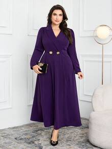 Modelyn 大码女式纯色翻领长袖腰部金属装饰优雅连衣裙 - 紫色 - 查看 5