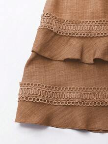 Breezaya 女士优雅V领纯色蕾丝镂空腰短款连衣裙，夏季 - 杏色 - 查看 5