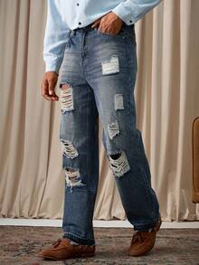 Manfinity Homme Blugi bărbătești albaștri, cu croială largă, stil streetwear, stil cowboy western, stil vintage, spălați, pentru ieșiri cu picior drept