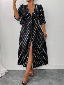 Elenzga Plus Size Retro V-Neck Polka Dot Front Slit Dress - Black - View 5