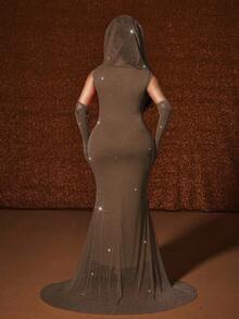 Maweii Plus Size Sexy Cinched Waist Gold Foil Fish Tail Hem Dress - Brown - View 2