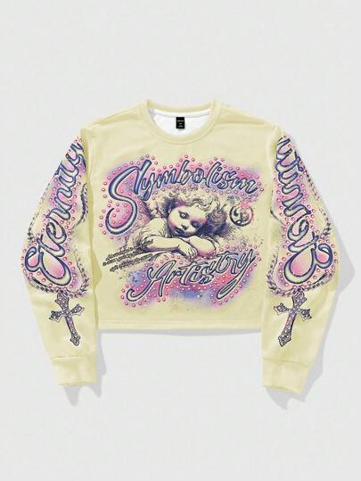 Goth Men's Casual Angel Letter Print Pullover Sweatshirt, Autumn