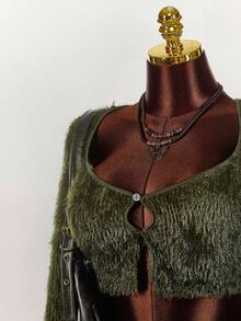 Amplova Plus Size Minimalist Solid Color Fluffy Cardigan And Mini Skirt Set - Army Green - View 5