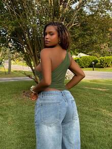 Tyla Gomez Valentine's Day Burgundy Red Twist One Shoulder Top Elegant Slim Top For Women - Army Green - View 3