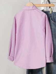 1 件女童长袖纽扣条纹衬衫，带刺绣图案，秋季休闲上衣 - 紫色 - 查看 2