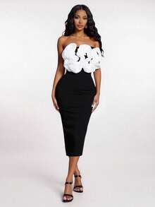 SHEIN SXY Women's Elegant Sequin Floral Patchwork Bodycon Midi Dress, Black & White Color Block, Luxurious For Party, Banquet, Birthday, Date, Formal Occasion Black White Dress Cocktail Dress - Black and White - View 4