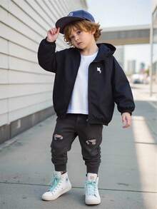 SHEIN Genkimix Kids 1 件年轻男孩休闲简约街头风格连帽长袖夹克，时尚休闲设计，适合夏季穿着，适合 4-7 岁男孩日常穿着，适合运动、户外、返校季节 - 黑色 - 查看 6