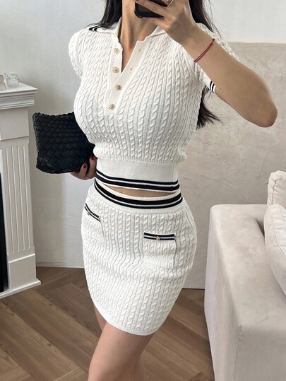 DAZY 秋季两件套麻花针织毛衣和迷你裙套装