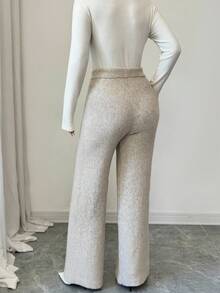 Elenzga Women's High Waist Drawstring Relaxed Fit Luxurious Wool-Like Knit Wide Leg Pants - Light Grey - View 2